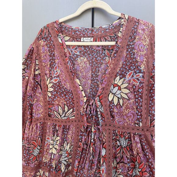 Free People Maxi Kimono Sheer Floral Rose Combo Robe Duster Cover-Up Sz M/L Boho - Picture 7 of 16
